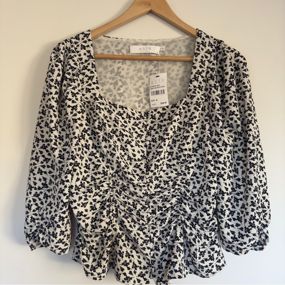 NWT ASTR the Label Black and white button up square neck blouse Size: M
